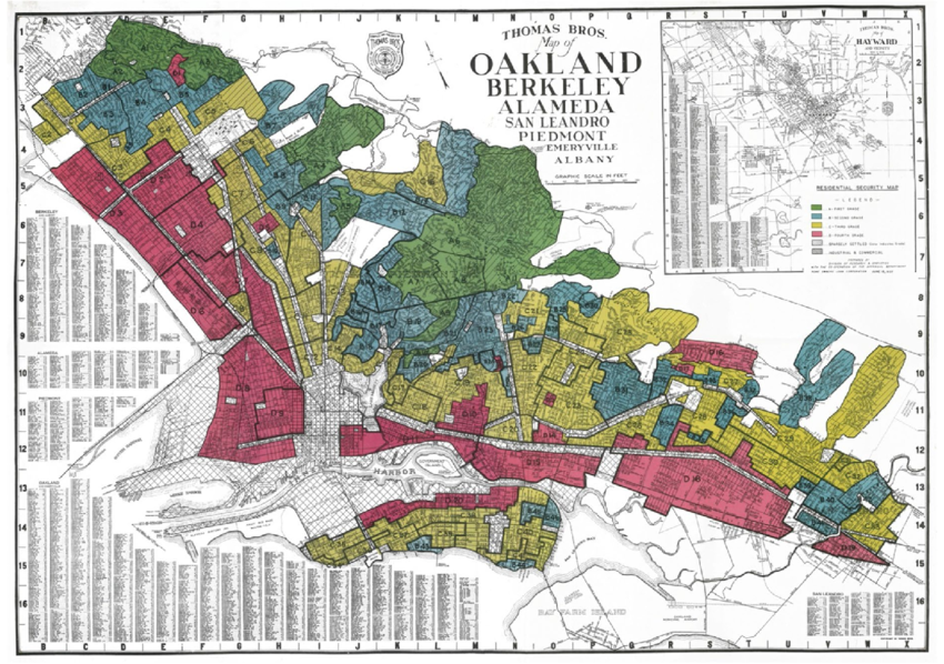 Map of Oakland CA showing redlined neighborhoods